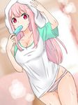  after_bath blush breasts cleavage commentary_request cowboy_shot dripping eyebrows_visible_through_hair food hakuma510 highres large_breasts long_hair looking_at_viewer navel nitroplus no_pants panties pantyshot pantyshot_(standing) pink_hair popsicle red_eyes shirt solo standing steam striped striped_panties super_sonico t-shirt taut_clothes taut_shirt thighs towel towel_on_head underwear 