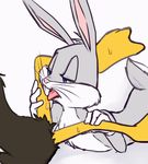  anthro avian bird blue_eyes buckteeth bugs_bunny chest_tuft clothing daffy_duck duck fur gloves hair half-closed_eyes lagomorph leg_grab licking looney_tunes lying male male/male mammal on_front open_mouth rabbit simple_background sitting spreading sweat teeth tongue tongue_out tuft warner_brothers whiskers zehn 