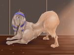  blue_eyes canine dog farkhan female mammal paws ribbons suggestive tagme wood_floor 