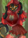  &lt;3 2017 anthro big_breasts black_scales breasts claws cleavage clothed clothing female gimka grey_scales hood huge_breasts legwear little_red_riding_hood little_red_riding_hood_(copyright) looking_at_viewer nipple_bulge orange_eyes orange_scales reptile scales scalie skirt snake solo speech_bubble 