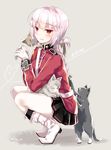  animal bangs black_cat black_skirt blunt_bangs blush boots braid cat cat_on_lap coat emblem eyebrows_visible_through_hair fate/grand_order fate_(series) florence_nightingale_(fate/grand_order) full_body gloves heart heart_of_string knee_boots long_hair long_sleeves looking_at_viewer military military_uniform motomiya_mitsuki on_lap own_hands_together pantyhose parted_lips pink_hair pleated_skirt red_coat red_eyes shiny shiny_hair single_braid skirt smile solo squatting twitter_username uniform white_cat white_footwear white_gloves white_legwear 