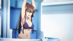  armpit bikini breasts brown_hair cleavage green_eyes kirasaka_sayaka large_breasts midriff ponytail purple_bikini smile swimsuit 