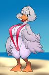  2017 anthro avian beach beak bikini bird clothing duck feathers female half-closed_eyes lonbluewolf looking_at_viewer mama_duck open_mouth seaside sling_bikini solo swimsuit tom_and_jerry tongue 