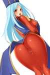  :d ass bent_over blue_hair blush bodysuit breasts commentary_request cowboy_shot dragon_quest dragon_quest_iii from_behind gloves highres large_breasts long_hair looking_at_viewer medium_breasts mitre open_mouth priest_(dq3) red_bodysuit red_eyes skin_tight smile solo tabard tamezou thigh_gap yellow_gloves 