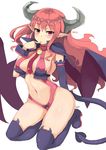  bat_wings blush breasts demon_girl demon_tail disgaea finger_in_mouth highres horns long_hair looking_at_viewer medium_breasts midriff navel pink_eyes pink_hair pointy_ears red_eyes revealing_clothes solo succubus succubus_(disgaea) tail thighhighs tinpam wings 
