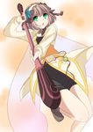  1girl aqua_eyes blush bodysuit breasts brown_hair choker flower hairband jacket leia_rolando open_mouth shoes short_hair staff tales_of_(series) tales_of_xillia weapon 
