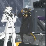  anthro briefcase cane cigar duo fur hat male outside puccaruu sergal smile snow standing teeth 