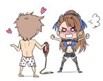  1boy 1girl akairiot anger angry beatrix_(granblue_fantasy) blush breasts brown_hair chibi cleavage collar granblue_fantasy hair_ornament hair_ribbon hairband hearts long_hair navel no_pupils open_mouth ponytail underwear white_background 
