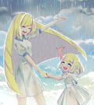  2girls bangs blonde_hair blunt_bangs blush braid cloud cloudy_sky dress eyes_closed hand_holding happy highres kisaragi_yuu_(fallen_sky) lillie_(pokemon) long_hair lusamine_(pokemon) mother_and_daughter multiple_girls music outdoors outstretched_arms pokemon pokemon_(game) pokemon_sm rain ribbon short_sleeves singing sky very_long_hair wet wet_clothes white_dress 