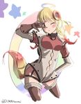  blonde_hair blush contrapposto cowboy_shot dog_tail doran_(dorannomai) gloves gradient_hair halo hand_on_hip highres magical_girl mahou_shoujo_ikusei_keikaku mahou_shoujo_ikusei_keikaku_limited multicolored_hair one_eye_closed rain_pow solo standing star tail twintails twitter_username v v_over_eye 