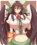  arm_cannon bird_wings black_hair black_wings bow breasts cannibalism cape cleavage crop_top curvy frilled_shirt_collar frills green_bow green_skirt groin hair_between_eyes hair_bow highres huge_breasts long_hair looking_at_viewer lowleg lowleg_skirt midriff mouth_hold navel red_eyes reiuji_utsuho shirt skirt solo third_eye touhou uchisukui undersized_clothes upper_body very_long_hair weapon white_shirt wings 
