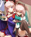  asymmetrical_hair bare_shoulders black_legwear breasts chopsticks cleavage commentary_request dango detached_collar earrings eating eyebrows eyebrows_visible_through_hair eyes_visible_through_hair fate/grand_order fate_(series) food food_in_mouth hair_ornament hair_ribbon highres japanese_clothes jewelry kimono koha-ace large_breasts lips long_hair long_sleeves magatama medium_breasts miyamoto_musashi_(fate/grand_order) multiple_girls noodles okita_souji_(fate) okita_souji_(fate)_(all) panties pink_hair ponytail purple_eyes ribbon short_hair short_kimono sitting sue_(bg-bros) thighhighs thighs udon underwear wagashi white_panties 