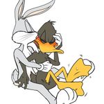  anthro avian bird blush bugs_bunny clothing daffy_duck duck feathers fur gloves hair lagomorph licking looney_tunes male male/male mammal open_mouth rabbit simple_background sitting sweat tongue tongue_out torso_grab warner_brothers whiskers zehn 