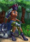  anthro armor blue_eyes clothed clothing demonic efudek fantasy feline female fur hair holding_object holding_weapon horn looking_at_viewer mammal markings melee_weapon sitting solo weapon 