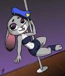  2018 3_toes 4_fingers adamb/fluffy anthro breasts cleavage clothed clothing dancing digital_media_(artwork) disney female fur judy_hopps lagomorph looking_at_viewer mammal multicolored_fur navel pole pole_dancing rabbit short_stack simple_background solo toeless_footwear toes tongue tongue_out zootopia 