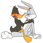  &lt;3 &lt;3_eyes anal anal_penetration avian bird blush buckteeth bugs_bunny chest_tuft clothing daffy_duck duck eye_contact feathers feet fur gloves hair half-closed_eyes hand_on_shoulder lagomorph looney_tunes male male/male mammal open_mouth pawpads penetration rabbit simple_background sitting sweat tears teeth tongue tongue_out tuft warner_brothers whiskers zehn 