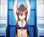  armpit bikini breasts brown_hair cleavage kirasaka_sayaka large_breasts midriff ponytail purple_bikini swimsuit 