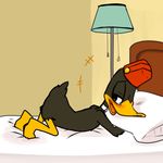  anthro ass_up avian bed bed_sheet bedding bird blush butt daffy_duck duck feathers fez half-closed_eyes lamp looking_back looney_tunes lying male on_front open_mouth pillow presenting solo tears warner_brothers zehn 