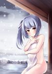  absurdres asymmetrical_hair bangs bird blunt_bangs blush brown_eyes building closed_mouth cloud cloudy_sky collarbone day eyelashes hair_ribbon highres kantai_collection kasumi_(kantai_collection) long_hair looking_at_viewer nude onsen outdoors raised_eyebrows ribbon rock silver_hair sitting sky snow snowing solo soramuko tareme towel water white_ribbon winter wooden_ceiling 