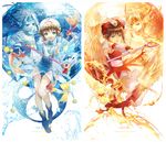  artist_name blue_leotard brown_hair card cardcaptor_sakura character_name clow_card copyright_name dual_persona ekita_xuan fire firey_(clow_card) fuuin_no_tsue green_eyes hat highres hoshi_no_tsue jester_cap kero kinomoto_sakura leotard looking_at_viewer open_mouth pants short_hair wand water watery_(clow_card) wings 