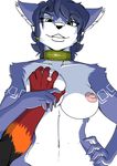  2017 alpha_channel anthro areola big_breasts black_nose blue_fur breast_grab breasts canine collar duo female fox fur green_eyes hand_on_breast hand_on_hip krystal looking_at_viewer mammal navel nintendo nipples nude pink_nipples solo_focus star_fox tattoo teeth video_games white_fur yawg 