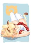  animal_ears blonde_hair japari_symbol kachua_(kachua_l) kemono_friends lion_(kemono_friends) lion_ears lion_girl lion_tail looking_at_viewer looking_back lying on_back plaid plaid_skirt pleated_skirt short_hair short_sleeves skirt solo tail thighhighs two-tone_background white_legwear yellow_eyes 