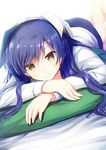  blue_hair brown_eyes commentary_request eyebrows_visible_through_hair highres idolmaster idolmaster_(classic) kisaragi_chihaya long_hair long_sleeves looking_at_viewer lying on_back pillow ro_risu shirt solo white_shirt 