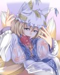  1girl blonde_hair breasts fox_tail frilled_hat frills hands hat invisible_man japanese_clothes large_breasts mitsuki_(toriaezu) nipples open_mouth tail touhou yakumo_ran yellow_eyes 