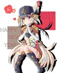  2017 bird blush chicken doran_(dorannomai) epaulettes gloves gradient_hair green_hair hands_together happy_new_year hat highres mahou_shoujo_ikusei_keikaku mahou_shoujo_ikusei_keikaku_limited multicolored_hair new_year postarie short_hair sitting solo white_gloves 