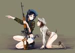  all_fours animal_ears bad_id bad_pixiv_id beret black_eyes black_footwear black_hair blue_eyes blue_hat blue_panties boots brown_footwear brown_hair camouflage camouflage_panties cat_ears cat_tail combat_boots dragunov_svd from_side full_body green_jacket grey_background grey_hat grey_jacket grey_panties gun hat holding holding_weapon jacket kneeling long_hair long_sleeves looking_at_another looking_back mame_(yumiko174) multiple_girls no_pants one_knee original panties parted_lips pointing rifle scope short_hair sniper_rifle striped striped_panties tactical_clothes tail underwear vest weapon world_witches_series 
