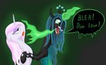  2014 8aerondight8 changeling crown duo english_text equine fangs female feral fleur_de_lis_(mlp) friendship_is_magic green_background green_eyes green_hair hair horn magic mammal my_little_pony queen_chrysalis_(mlp) simple_background text unicorn 