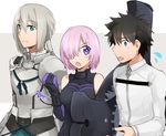  1girl 2boys aqua_eyes armor bare_shoulders bedivere belt black_hair blue_eyes blush breasts fate/grand_order fate/stay_night fate_(series) fujimaru_ritsuka_(male) grey_hair hair_over_one_eye long_hair multiple_boys open_mouth purple_hair shield shielder_(fate/grand_order) short_hair shoulder_pads smile 