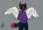  anthro canine clothed clothing feathered_wings feathers fur hair looking_at_viewer male mammal puccaruu solo standing tongue tongue_out wings 