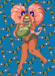  1_eye anthro armpits big_breasts big_hair blue_background breasts butt cacodemon chainsaw clothed clothing colored_nails demon doom fangs female floating green_eyes hair humanoid long_hair looking_at_viewer monstrous_humanoid navel not_furry open_mouth pink_hair red_skin shorts simple_background smile solo source_request spikes sweater teeth tools unknown_artist video_games wide_hips 