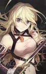  1girl ahoge bare_shoulders black_background blonde_hair breasts character_name choker copyright_name elbow_gloves gloves long_hair milla_maxwell multicolored_hair navel pink_eyes smile sword tales_of_(series) tales_of_xillia weapon 
