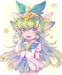  alternate_costume alternate_hair_color alternate_hairstyle blue_eyes bow fang gloves green_hair league_of_legends lulu_(league_of_legends) magical_girl staff star_guardian_lulu yordle 