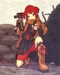  blush boots bullet_hole commentary_request cross-laced_footwear gun h&amp;k_mp5k heckler_&amp;_koch jacket knee_boots kneehighs lace-up_boots looking_at_viewer one_knee open_mouth original red_hair red_shorts scarf school_uniform serafuku shell_casing shorts shorts_under_skirt submachine_gun tessaku_ro trigger_discipline two_side_up weapon 