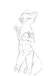  2017 akiric anthro arctic_fox black_and_white breasts canine clothed clothing coveralls disney female fox half-closed_eyes looking_at_viewer mammal monochrome simple_background skye_(zootopia) small_breasts smile undressing white_background zootopia 