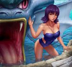 breasts cleavage fangs fins gen_1_pokemon gyarados highres large_breasts long_tongue looking_at_viewer one-piece_swimsuit open_mouth partially_submerged pink_eyes pokemon pokemon_(anime) pokemon_(creature) purple_hair realistic sciamano240 short_hair slit_pupils smile strapless strapless_swimsuit swimsuit tongue uchikido_(pokemon) water wet 