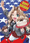  abazu-red alisa_(girls_und_panzer) american_flag arms_up bangs birthday_cake black_footwear black_neckwear blazer blonde_hair blouse blue_eyes blue_footwear bubble_blowing cake chewing_gum closed_eyes commentary dated dress_shirt emblem english flag_background food foreshortening freckles from_above girls_und_panzer grey_jacket grey_legwear hair_intakes hair_ornament happy_birthday highres holding jacket kay_(girls_und_panzer) loafers long_hair long_sleeves looking_at_viewer looking_up miniskirt multiple_girls naomi_(girls_und_panzer) necktie one_eye_closed open_clothes open_jacket open_mouth pleated_skirt red_skirt saunders_school_uniform school_uniform shirt shoes short_hair short_twintails skirt sleeves_rolled_up smile sneakers standing star star_hair_ornament thighhighs twintails twitter_username very_short_hair white_blouse white_legwear 