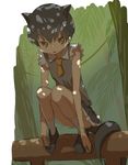  animal_ears black_hair brown_eyes brown_footwear clenched_hands collared_shirt convenient_leg d: dappled_sunlight expressionless eyelashes flat_chest forest fossa_(kemono_friends) fossa_ears fossa_tail frilled_sleeves frills full_body grey_skirt hands_on_feet jpeg_artifacts kemono_friends loafers long_arms looking_at_viewer miniskirt nature necktie on_railing open_mouth outdoors palm_tree parted_lips plant pleated_skirt railing shirt shoes short_hair short_necktie short_sleeves sketch skirt socks solo squatting sunlight tail tank_top tree tsurime very_short_hair vines white_shirt yoshida_on 