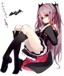  arukanu bat black_dress boots bow detached_sleeves dress full_body knee_boots kou_mashiro krul_tepes long_hair looking_at_viewer owari_no_seraph pink_hair pointy_ears purple_hair red_eyes short_dress simple_background smile solo translated two_side_up vampire white_background 