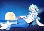  anthro bakki beach blue_eyes blue_hair blue_skin blush breasts female fin flippers hair hand_on_hip legless mammal marine merfolk midriff moon navel night nintendo open_mouth pinniped pok&eacute;mon primarina rock sea seal seashell_bra seaside seductive semi-anthro solo starfish video_games water white_skin 