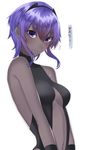  bangs bare_shoulders black_hairband black_leotard breasts center_opening closed_mouth collarbone dark_skin eyebrows_visible_through_hair fate/prototype fate/prototype:_fragments_of_blue_and_silver fate_(series) flying_sweatdrops hair_between_eyes hairband hassan_of_serenity_(fate) highres leotard looking_at_viewer medium_breasts midriff navel onineko-chan purple_eyes purple_hair short_hair short_hair_with_long_locks sidelocks simple_background solo white_background 