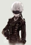  artist_name bangs black_gloves blindfold capriccio choker closed_mouth commentary dated facing_viewer gloves grey_background hand_on_hip long_sleeves male_focus md5_mismatch nier_(series) nier_automata signature simple_background solo strap upper_body white_hair yorha_no._9_type_s 