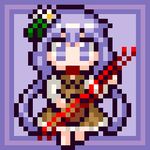 border brown_dress commentary_request dress eruru_(erl) flower full_body hair_flower hair_ornament lavender_eyes lavender_hair long_hair low_twintails lowres pixel_art purple_background purple_border simple_background solo touhou tsukumo_benben twintails very_long_hair 
