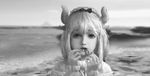  1girl black_bow black_hairband bow crab dragon_girl dragon_horns eating greyscale hair_bow hairband horns kanna_kamui kobayashi-san_chi_no_maidragon lavender_hair la~la lips long_sleeves looking_at_viewer outdoors partially_submerged realistic water 