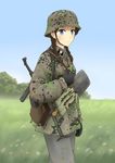  absurdres blue_eyes braid brown_hair canteen commentary day dirty_clothes field frown gloves grass gun helmet highres historical_event load_bearing_equipment long_hair looking_at_viewer looking_to_the_side military military_uniform millimeter mp40 original shovel sky sling soldier solo stahlhelm submachine_gun tree twin_braids ukraine uniform weapon world_war_ii 