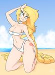  2017 anthro beach beauty_mark blonde_hair blue_eyes breasts cleavage clothed clothing cutie_mark equine fan_character female hair horse kneeling lace_heart_(oc) lingerie mammal my_little_pony pony pose sea seaside skecchiart solo water 