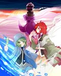  black_hair blue_coat evanescent_existence frilled_hat frills green_coat green_eyes green_hair hat highres hood hooded_jacket hoodie jacket len'en looking_back necktie open_mouth red_eyes red_hair shitodo_aoji shitodo_hooaka shitodo_kuroji short_hair shorts siblings sinbowl smile spell_card triangular_headpiece 